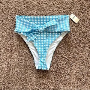 NWT Aerie Hi Waist Bikini Bottom In Blue White Gingham Print Front Knot sz XS